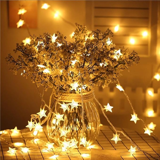 Party Propz Battery Powered Star Lights 10Pcs Decoration Items For Birthday,Indoor, Outdoor,Diwali, Navratri, Wedding, Christmas Tree, Wall, Garden Decorations, Warm, LED, 15 Meters, White