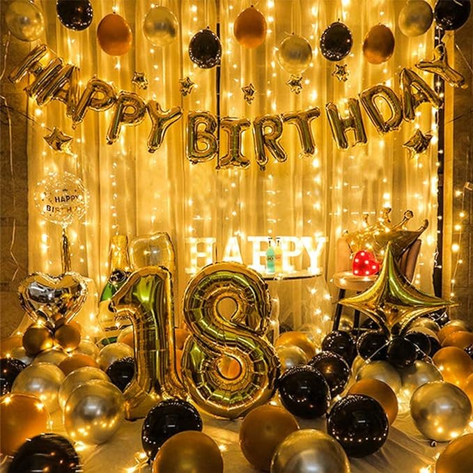 Party Propz Golden 18th Birthday Decoration Kit - 50Pcs Combo Kit Golden Foil Balloons with Happy Bday Foil Banner (cardstock), Silver Star & Heart Foil Balloons for Boys, Girls, Husband, Wife