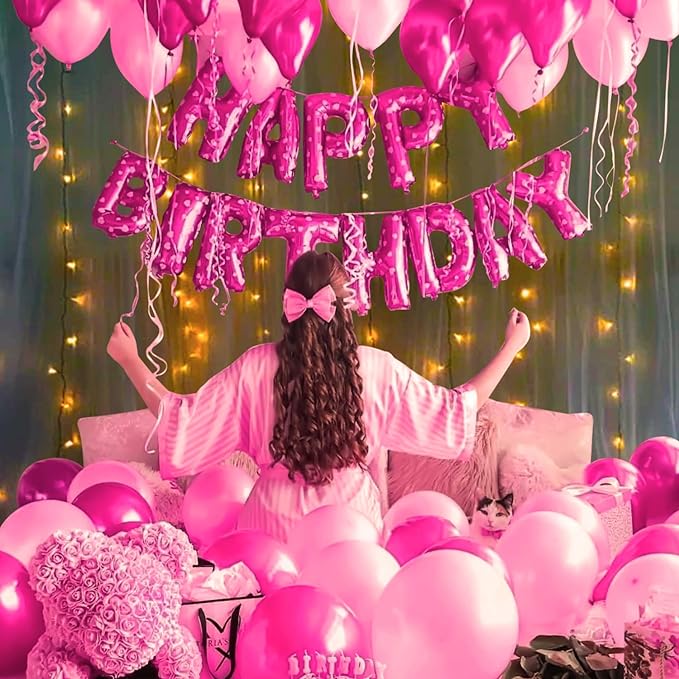 Party Propz Girls Happy Birthday Letter Foil Metallic Balloons Decorations Kit Combo- 54Pcs for Girl Kids Baby First Bday Decoration Items / Wife Women Celebration / Led Fairy Light Theme Pink