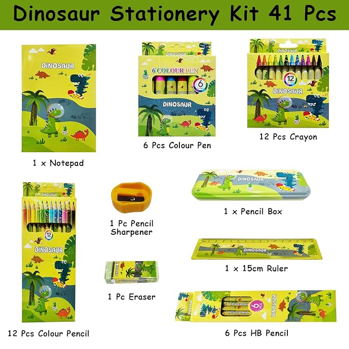 Party Propz Dinosaur Stationary Kit for Boys - 41Pcs Stationary Items for Boys | Pencil Box,Colours,Eraser,Sharpener | Return Gift for Boys | Dinosaur School Kit for Boys | Stationary Set Return Gifts