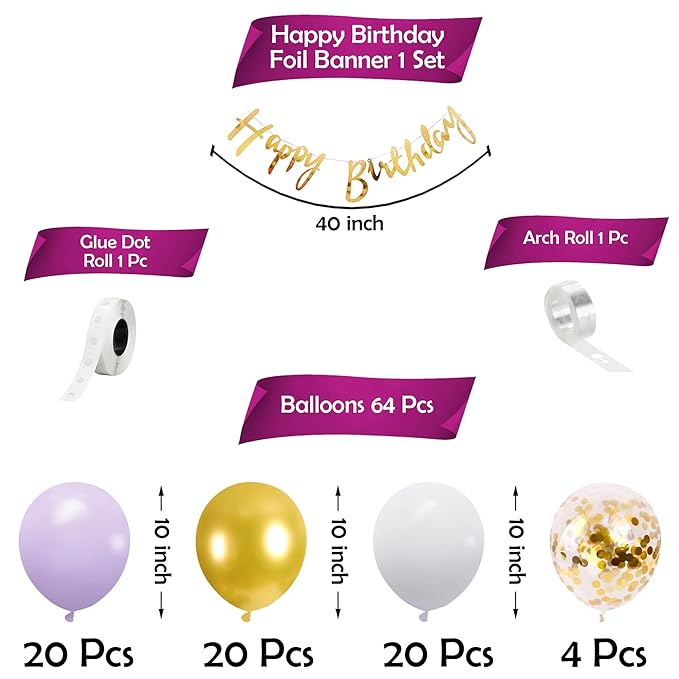 Party Propz Birthday Decoration Items for Girls - 67 Pcs, Purple Theme Happy Birthday Decoration Set | Birthday Decorations for Girl Women Wife With Purple, Golden, White Balloons, Glue Dot, Arch Roll