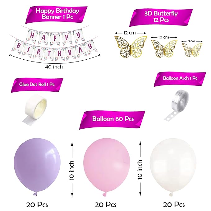 Party Propz Butterfly Theme Birthday Decorations - Set of 75Pcs Butterfly Theme Banner Decorations | Pink & Purple Birthday Decorations | Birthday Decoration Items for Girls (Cardstock)