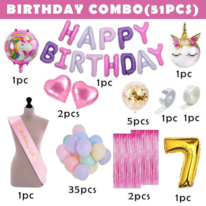 Party Propz Rubber Unicorn Theme Birthday Decorations Items Combo Set- 7Th Birthday 51Pcs Kit For Happy Birthday Decoration Kit For Girls / Unicorn Birthday Decorations 7 Year Baby ,Multicolor