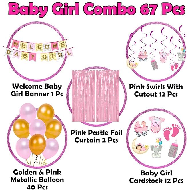 Party Propz Baby Welcome Home Decoration Kit 67Pcs Balloon, Cardstock, Swirls, Paper Banner with Foil Curtain for Baby Shower / Welcome / Birthday Supplies