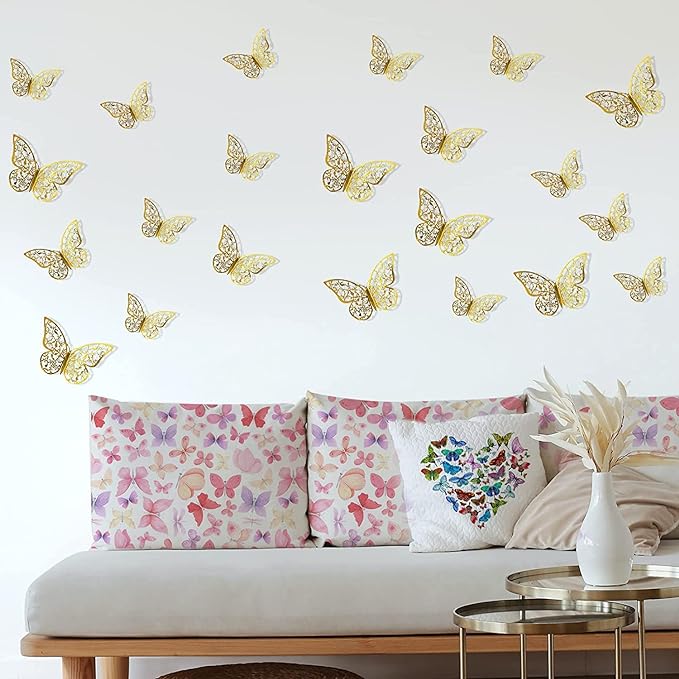 Party Propz Butterfly Theme Birthday Decorations - Pack of 12Pcs Golden Butterfly Decoration | Multipurpose 3D Decoration | Golden Butterfly decoration for Room