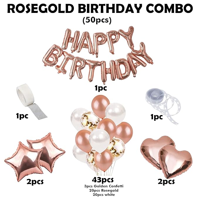 Party Propz Rose Gold Birthday Decoration Set, Pack Of 50 Pcs, Rose Gold Birthday Decoration Kit, Rose Gold Heart Balloons, Birthday Decoration Kit, Heart & Star Foil Balloons For Birthday Decoration