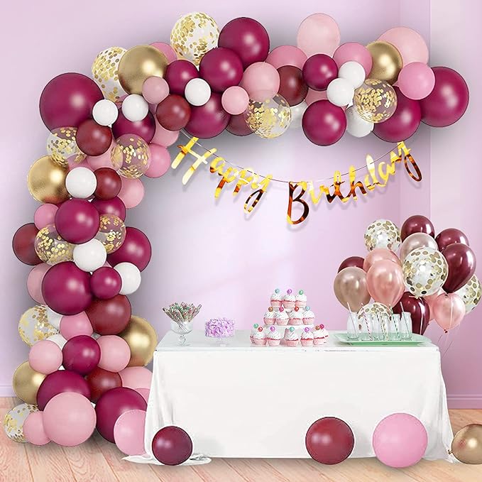 Party Propz Birthday Decoration Items - 63Pcs, Burgundy Balloons for Birthday Decoration | Multicolor Birthday Balloons | Happy Birthday Decorations for Wife | Birthday Decoration Items Girls Kids