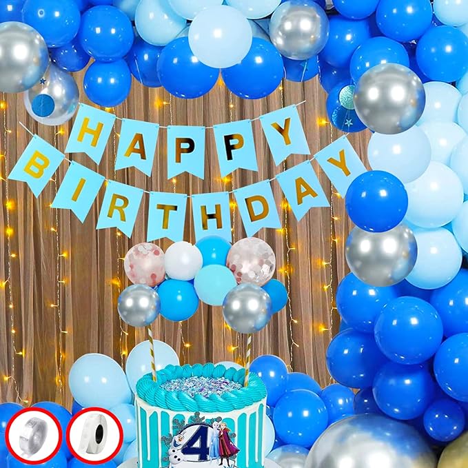 Party Propz Happy Birthday Decorations for Boys- Blue Paper Banner, Balloon Cake Topper, Fairy Led Light, Metallic Balloons -Decoration Items for Birthday Party, Birthday Decoration kit Combo-45Pcs