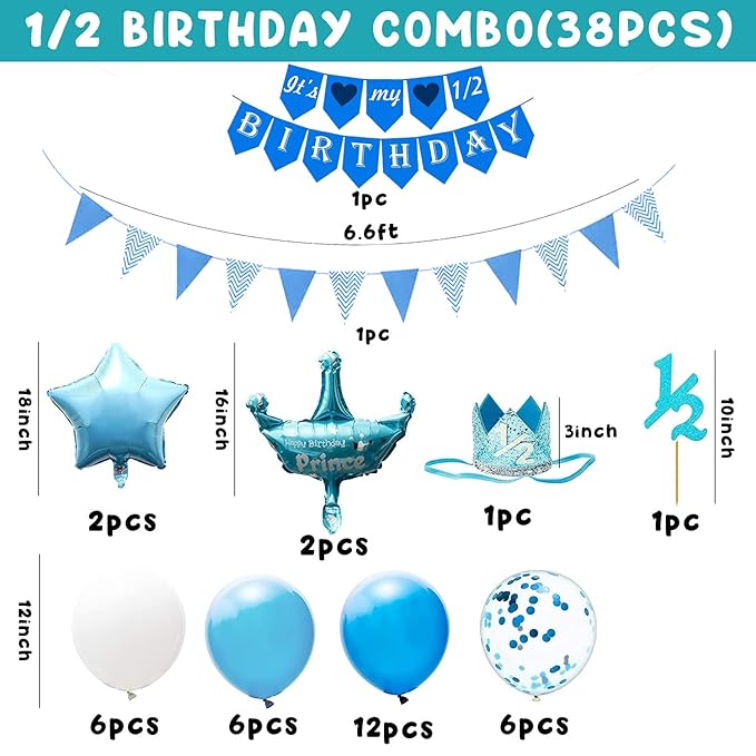 Party Propz Paper Its My Half Birthday Decorations Set -Blue Glitter Banner, Cake Toppers, Star, Crown Balloon, Confetti Balloons - Half Birthday Decoration For Baby Boy or baby girl, 1/2 Birthday