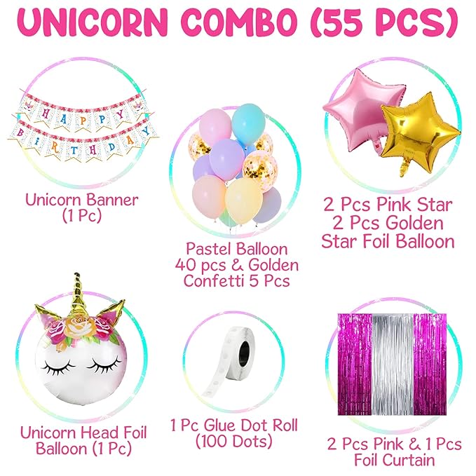 Party Propz Unicorn Birthday Decorations For Girls - 55Pcs Combo Set / Happy Birthday Decoration Kit For Girls, Unicorn Birthday Decorations, Birthday Decoration For Girls Theme