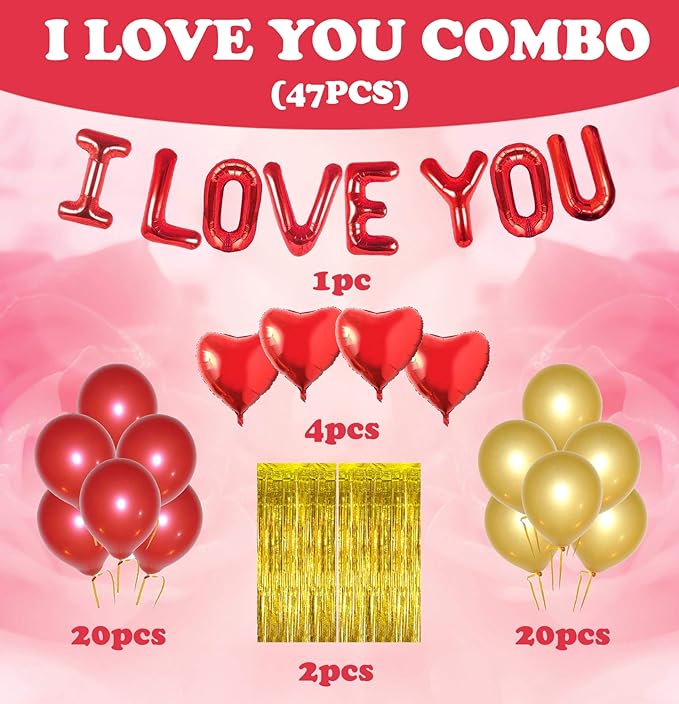 Party Propz Foil I Love You Balloons For Decoration - Pack of 47Pcs Happy Anniversary Decoration Items | Birthday Balloons | Red & Gold Balloons For Decoration | Birthday Decoration Items