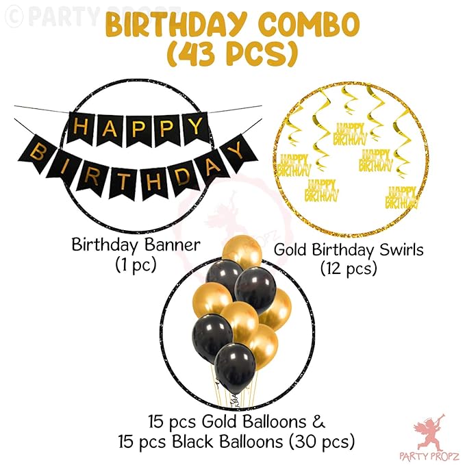 Party Propz 43 Pcs Black & Gold Happy Birthday Banner, Balloons, Swirls Decoration Combo for 21st / 30th / 40th / 50th / 60th / Women / Adult / Kids Birthday Decoration