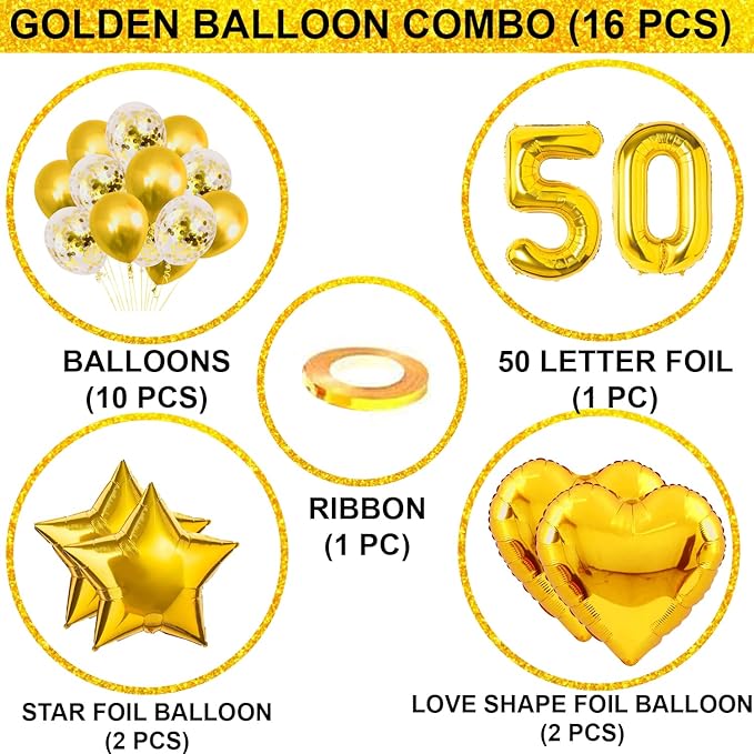 Party Propz 50th Birthday Party Decorations - Pack Of 16 Pcs, 50 Years Golden Jubilee Balloons With Foil & Confetti Balloons | 50th Birthday Decoration | 50th Birthday Party Decorations For Men