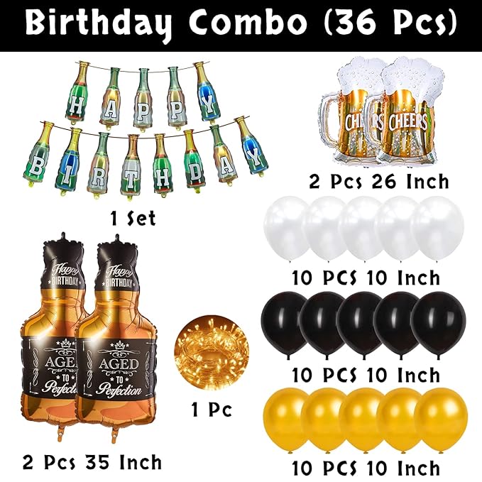 Party Propz Birthday Decoration Items For Husband - 36 Pcs Combo, of Adult Birthday Decoration Items | With Champagne and Cheers Foil Balloon | Birthday Led Lights, Black, Gold, Silver Balloons