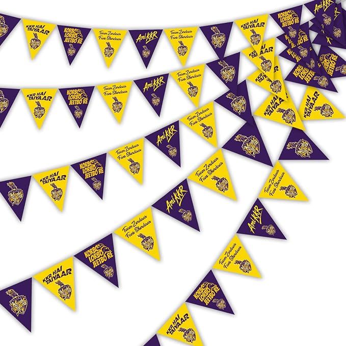 Party Propz KKR Ipl Theme Decoration- 50 Pcs Kolkata Knight Riders Theme Pennant Banner for Decoration|Bunting Flags for Decoration|Ipl Flags Bunting|Pennant Banner Paper