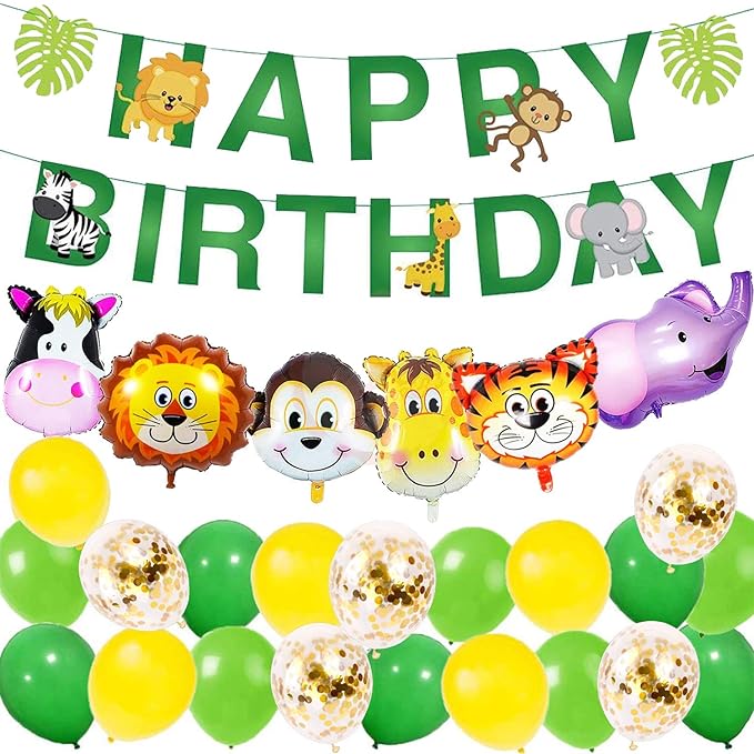 Party Propz Jungle Theme Birthday Decoration - 22Pcs | Happy Birthday Banner(Cardstock) | Birthday Decoration Items For Boy Girl |Animal Jungle Theme Balloons | Jungle Safari Theme Birthday Decoration