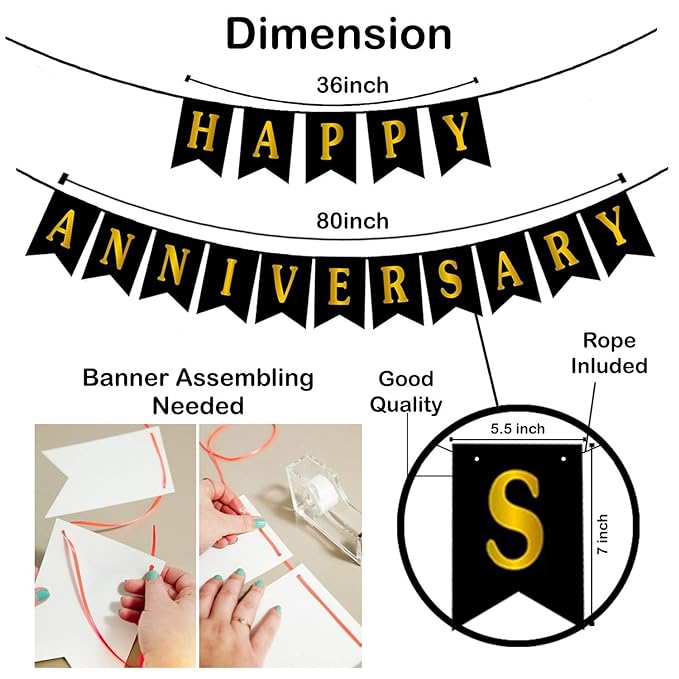 Party Propz Happy Anniversary Banner - Anniversary Decoration Items Kit - Black Colour - Home Bedroom Decorations Set - 1st 10th 25th 50th Wedding Anniversary Decor - Marriage Anniversary Banner