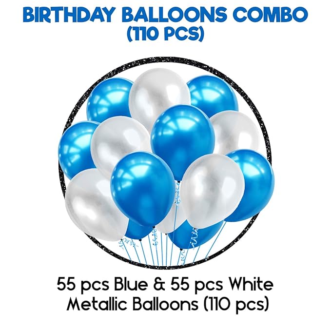 Party Propz Rubber Latex Balloons Pack for Boys Kids men Birthday, Space, Prince, First, 2nd Years Decorations Balloons Supplies Combo Kit ( Blue, White, Metallic) - 110 Pieces