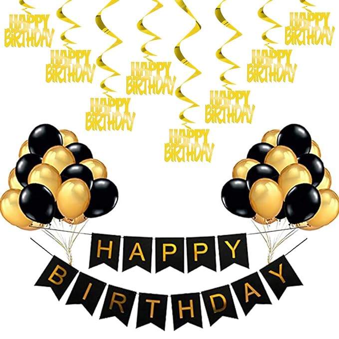 Party Propz 43 Pcs Black & Gold Happy Birthday Banner, Balloons, Swirls Decoration Combo for 21st / 30th / 40th / 50th / 60th / Women / Adult / Kids Birthday Decoration