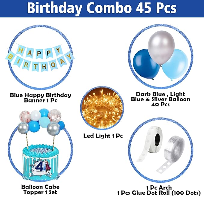 Party Propz Happy Birthday Decorations for Boys- Blue Paper Banner, Balloon Cake Topper, Fairy Led Light, Metallic Balloons -Decoration Items for Birthday Party, Birthday Decoration kit Combo-45Pcs