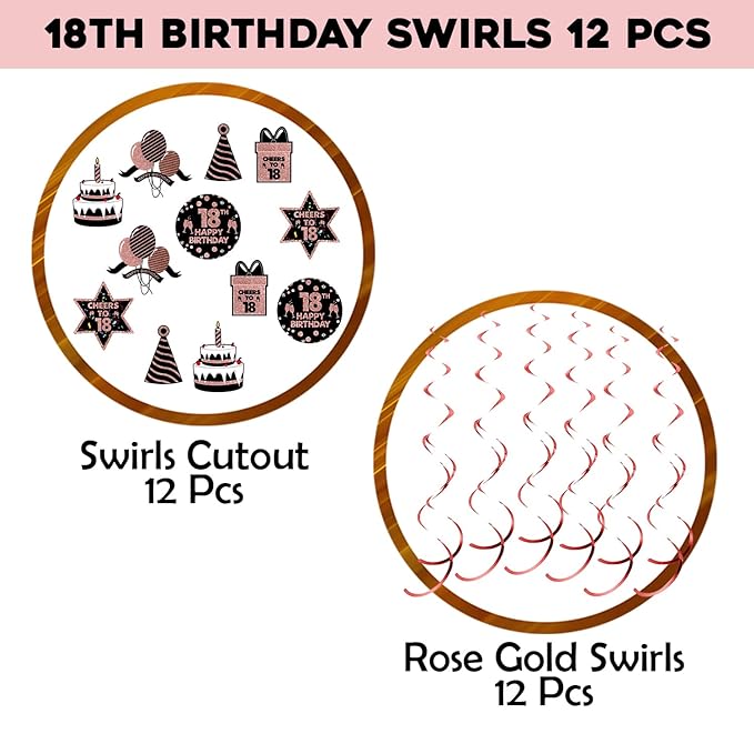 Party Propz Cardstock 18Th Birthday Decorations For Girl, Set Of 12 Rose Gold Happy Birthday Decoration Swirls&Cutouts For Kids 18Th Birthday Celebration