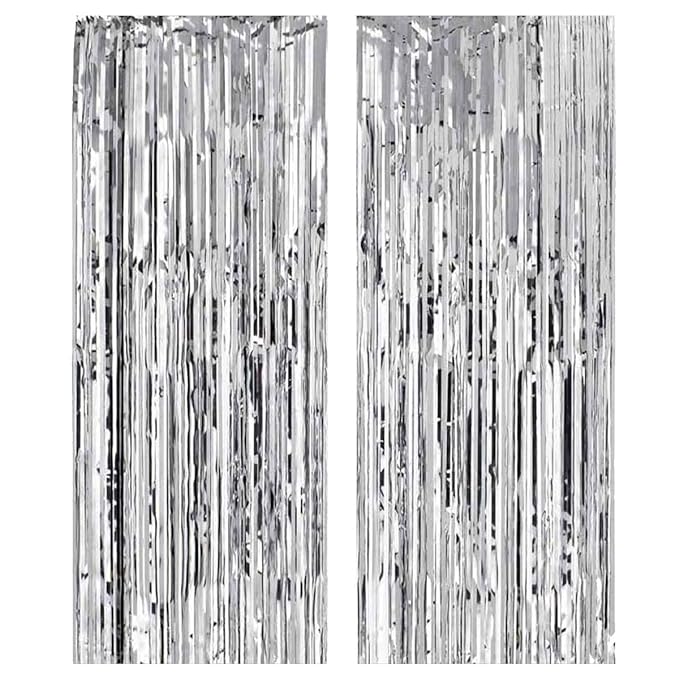 Party Propz ™ Set of 2 Metallic Silver Foil Curtain Fringe Party Decoration Door Curtains, 3 x 6 Feet