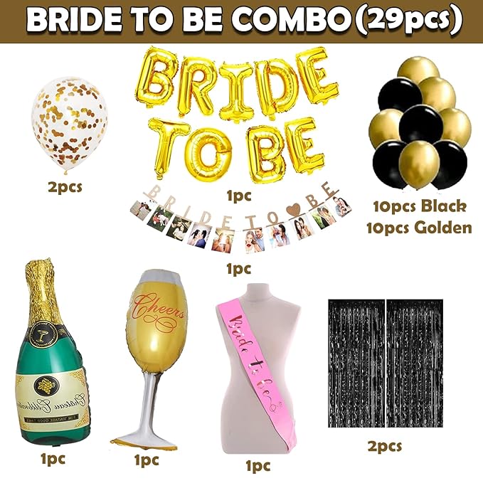 Party Propz Bride To Be Decoration Set Combo-Of 29 Pcs Bridal Shower Decorations Items|With Bride To Be Props For Bachelorette Party|Cheers Champagne Foil Balloons|Bide To Be Sash|Foil Curtains