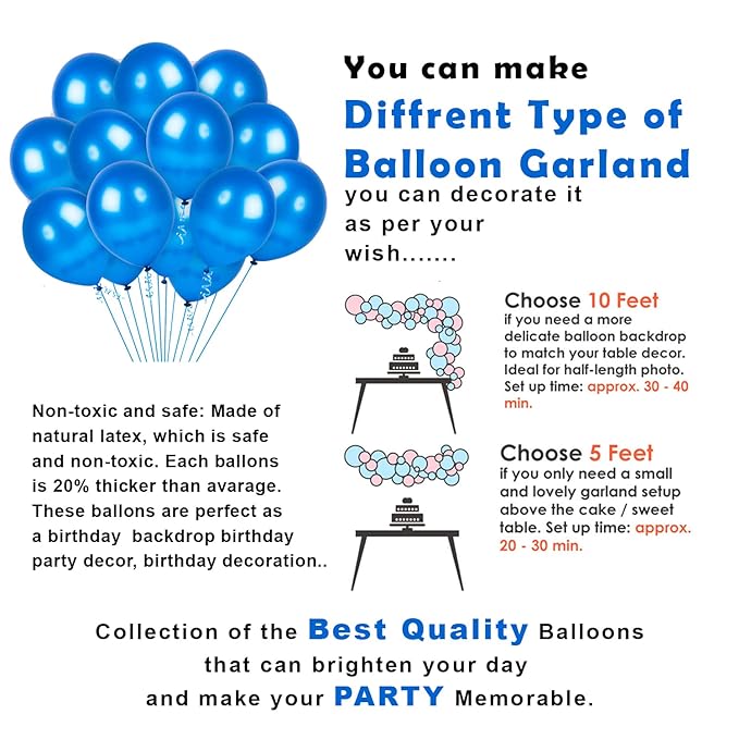 Party Propz Blue Metallic Rubber Balloons For Decoration With Hand Pump, Ballons Glue Dot And Strip Arch Packet - Happy Birthday Party Celebrations Items Combo Set - For Kids Boys Baby -53Pcs