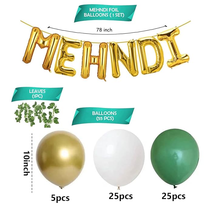 Party Propz Mehendi Decoration Items For Home- 57pcs Pack With Artifical Leaves & Mehendi Foil Balloon | Haldi Mehndi Decoration Items For Marriage | Mehndi Decor | Haldi Decoration Items For Marriage