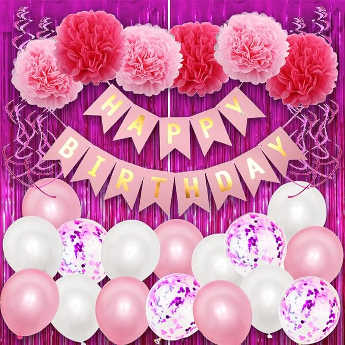 Party Propz Happy Birthday Decorations For Girls - Pink Birthday Combo With Happy Birthday Paper Banner (cardstock), Pink Pom Pom, Foil Curtain, Swirls & Confetti Balloons For Girls, Women - 66Pcs