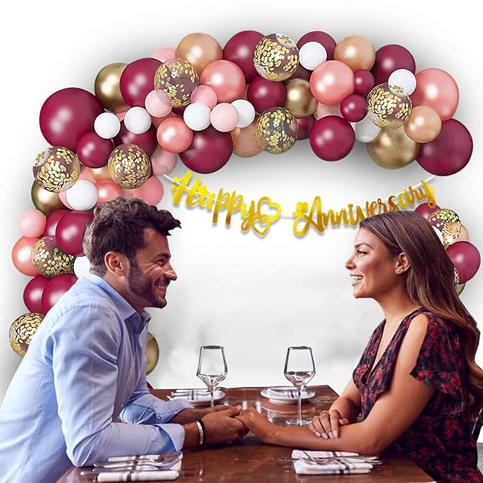 Party Propz Anniversary Balloons for Decoration - 63Pcs Happy Anniversary Decoration Items Kit | Happy Anniversary Balloons | Happy Anniversary Banner | Burgundy Balloons for Decoration