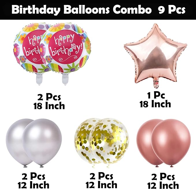 Party Propz Happy Birthday Foil Balloon Set- 9Pcs Birthday Decoration Items | Star Balloons For Decoration | Confetti Balloons For Decoration | Silver Balloons For Decoration | Rose Gold Foil Balloons