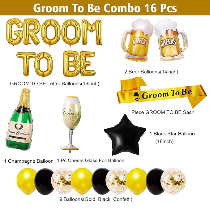 Party Propz Groom to Be Decoration Set Combo -16Pcs Set Groom to Be Balloon, Champagne & Cheers Foil, Metallic Balloons and Yellow Sash for Bachelorette Party Decorations, Groom to be decoration Items