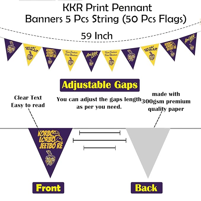 Party Propz KKR Ipl Theme Decoration- 50 Pcs Kolkata Knight Riders Theme Pennant Banner for Decoration|Bunting Flags for Decoration|Ipl Flags Bunting|Pennant Banner Paper