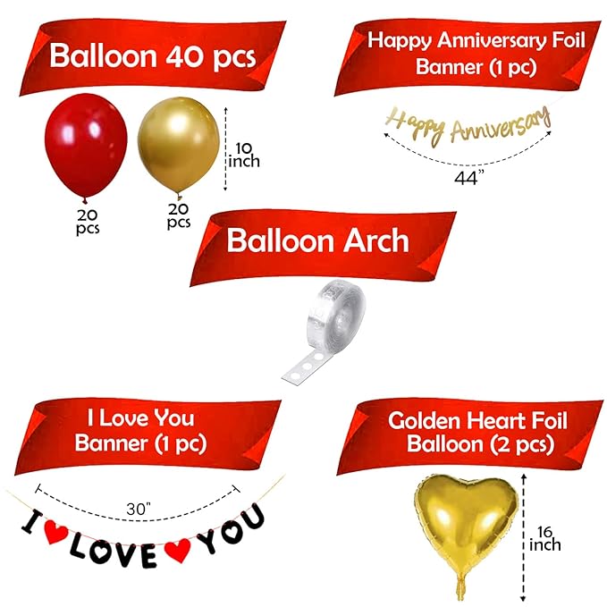 Party Propz Happy Anniversary Decoration Items Kit - 45Pcs Red Wedding Anniversary Decoration Items|Golden Banner|I Love You Banner|Anniversary Decoration For Couple,Boyfriend,Husband