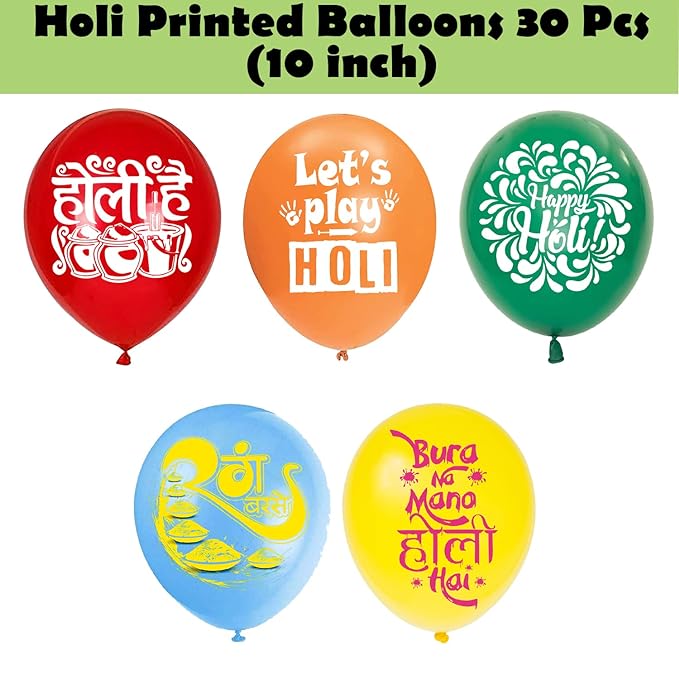 Party Propz Printed Holi Balloons- Colorful 30Pcs Printed Holi Balloon for Decorations | Holi Decorations Items for Home | Printed Balloons for Holi | Holi Decor Items(Rubber, Multi)