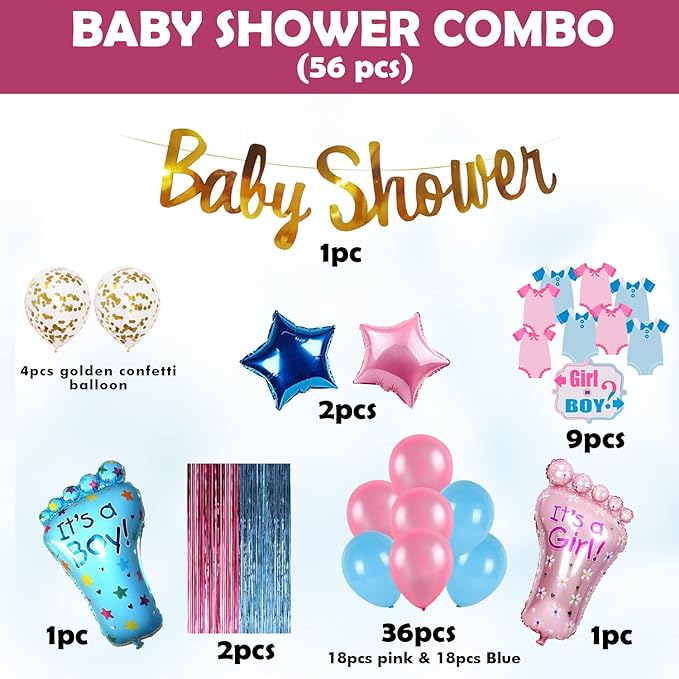 Party Propz Baby Shower Decorations Set Combo 56Pcs Baby Shower Bunting, Baby Feet,Cardstock, Foil Curtain for Maternity, Pregnancy Photoshoot Material Items Supplies - Multicolor