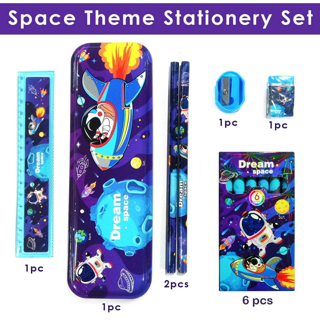 Party Propz Space Pencil Box for Boys - 7 Pcs Stationary Set for Kids | Pencil Box Set | Return Gift for Boys | Pencil Eraser Sharpener Combo Pack | Astronaut Pencil Box | Stationary Set Return Gifts