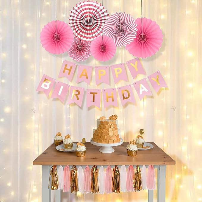 Party Propz Pink Birthday Decoration Items for Girl -25Pcs Happy Birthday Decoration | White Net Curtain for Birthday Decoration with Lights | Paper Fan Decoration Set| Happy Birthday Banner for Girls