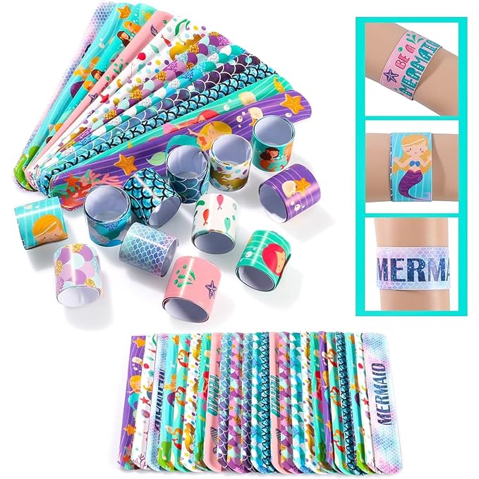 Party Propz Mermaid Return Gifts for Kids - 12 Pcs Mermaid Slap Bracelet for Kids | Best Birthday Return Gifts for Kids | Wrist Band for Kids | Slap Bands for Kids Return Gift | Scale Band for Kids