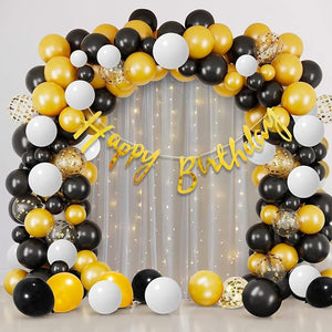 Party Propz Birthday Decoration Items - 70 Pcs, Black, White, Golden Balloons For Decoration | Happy Birthday Banner, White Net Curtain, Happy Birthday Light and Confetti Balloons | Birthday Decoration Kit