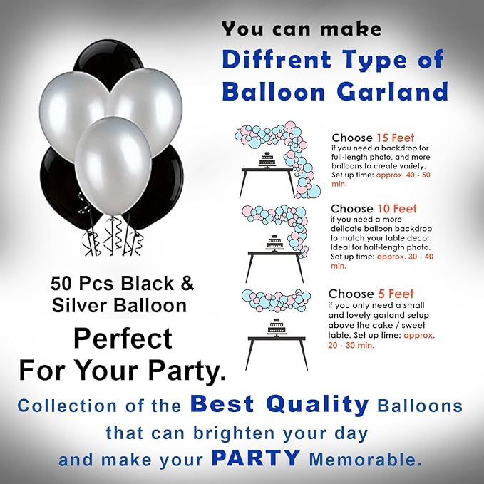 Party Propz Black Balloons for Decoration - Pack of 50 Black & Silver Metallic Balloons