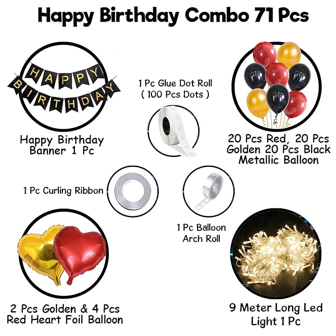 Party Propz Happy Birthday Decoration Set - For Husband Wife Girlfriend - 71Pcs Packets - Birthday Banner (cardstock), Heart Foil Ballons, Metallic Balloon, Led Lights - Birthday Decorations Items