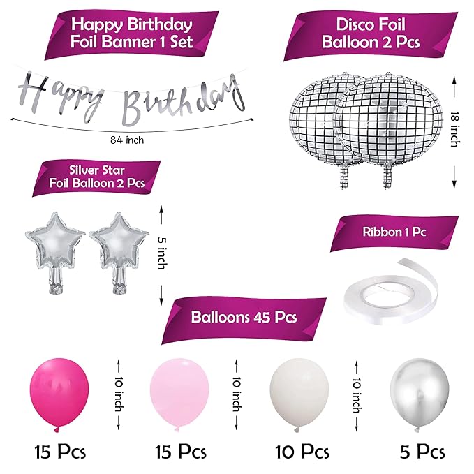 Party Propz Birthday Decoration Items for Girls-51Pcs Girls Birthday Decorations Kit | Disco Theme Birthday Decorations for Girls | Happy Birthday Balloons for Decorations | Pink Balloons For Birthday