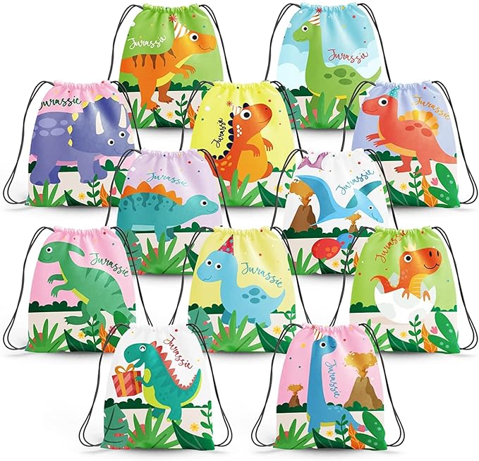 Party Propz Dinosaur Drawstring Bags for Return Gifts - 12Pcs Drawstring Bag for Kids Return Gift/Dinosaur Bags for Kids