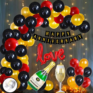 Party Propz Happy Anniversary Decoration Combo Kit - 57 Pcs - Anniversary Banner (cardstock) + Love Foil Balloon + Metallic Balloon + Cheers & Champagne Foil Balloon + Balloon Arch + LED Fairy Light