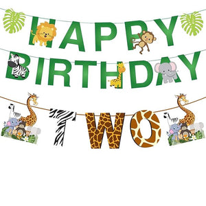 Party Propz 2Pcs Jungle Animals Leaves 2nd Birthday Happy Birthday Banner And Age "Two" Banner For Jungle Theme Birthday Decoration