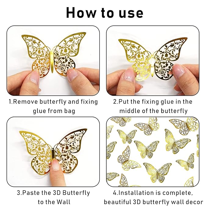 Party Propz Butterfly Theme Birthday Decorations - Pack of 12Pcs Golden Butterfly Decoration | Multipurpose 3D Decoration | Golden Butterfly decoration for Room