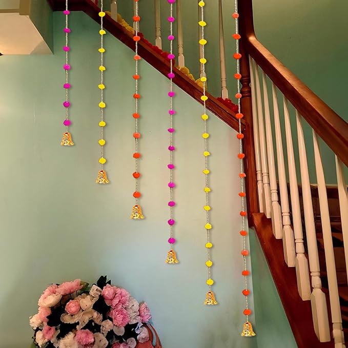 Party Propz Multicolor Pom Pom Hangings for Decoration -6pcs Handmade Wall Hangings Latkans for Decoration | Haldi Decoration Items | Pom Pom Latkan With Golden Bells for Decoration | Pooja Decoration