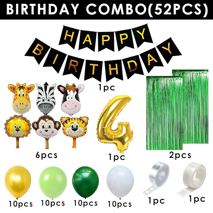 Party Propz 4th Birthday Decoration Items For Boys Jungle Theme- 52Pcs Fourth Birthday Decoration - 4th Birthday Party Decorations,Birthday Decorations kit for Boys 4th birthday